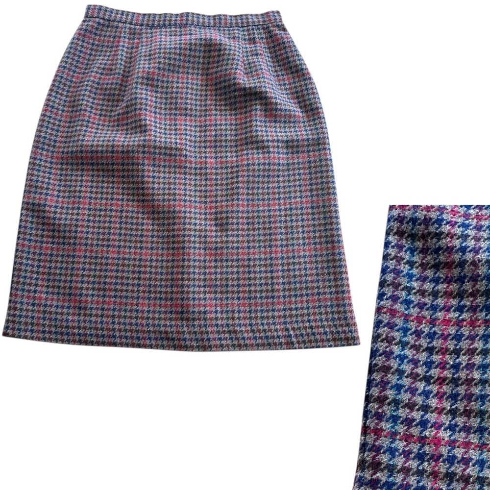 VTG Wool Blend Plaid Pencil Skirt USA Made ILGWU Houndstooth Tweed 80s Medium